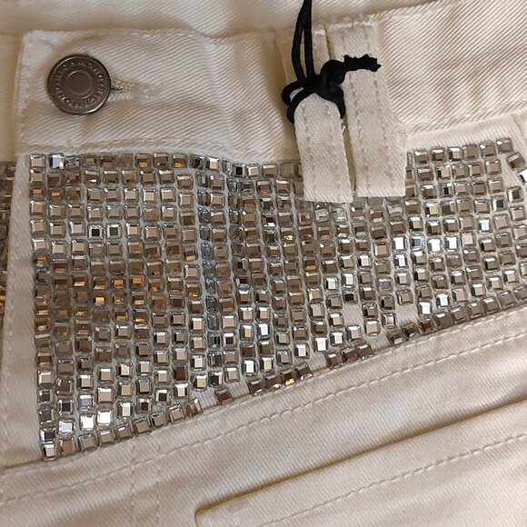 John Richmond RICH Rhinestone Studded Wide Leg White Denim Jeans Sz 42 - Picture 8 of 16